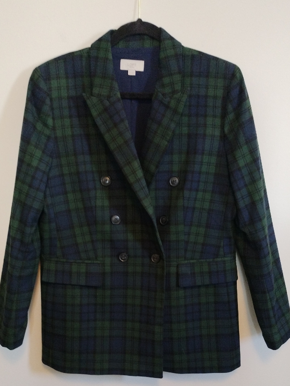 Petite Womens Green & Navy Plaid Double-Breasted Blazer By Loft